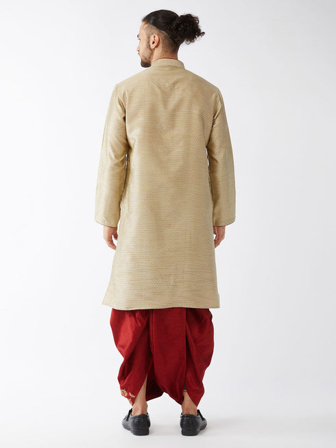 Vastramay Men's Beige And Maroon Silk Blend Kurta And Dhoti Set